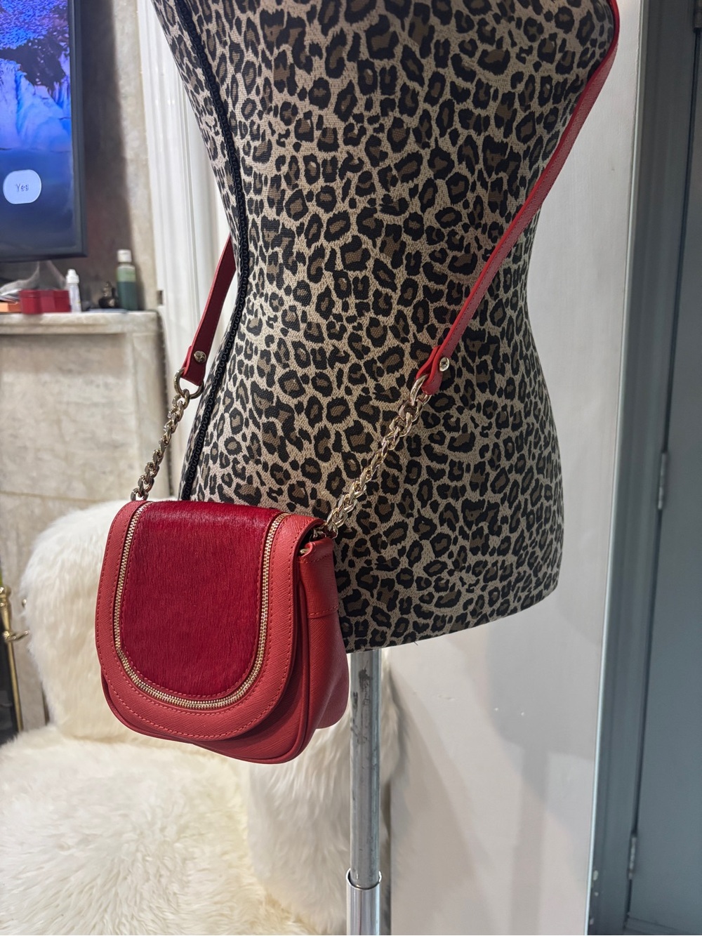 Vintage Marciano Red Genuine Leather with Calf Hair Crossbody Bag